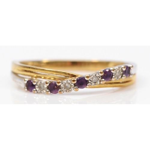 247 - A 9ct gold amethysts and diamond set crossover half eternity ring, O 1/2, 1.6g