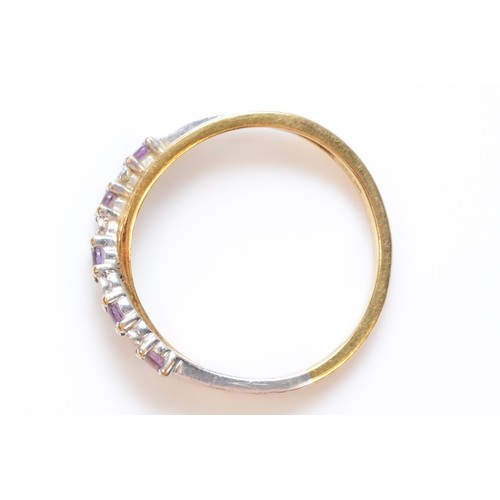 247 - A 9ct gold amethysts and diamond set crossover half eternity ring, O 1/2, 1.6g