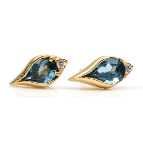 250 - A pair of 9ct gold blue topaz and cubic zirconia stud earrings, with scroll backs, 13mm length, 1.8g