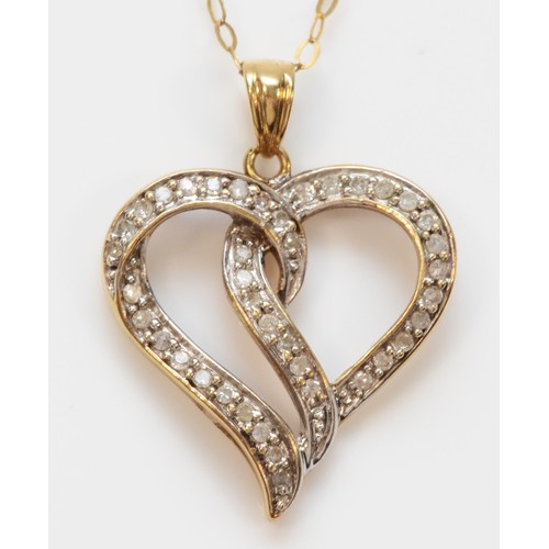 273 - A 9ct gold diamond heart shaped pendant with necklace, 20mm heart drop length, 2.1g