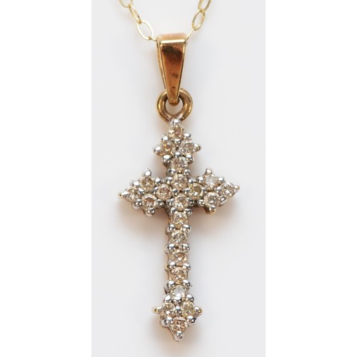 278 - A 9ct gold diamond cross pendant, with necklace, 17mm cross length, 1.2g