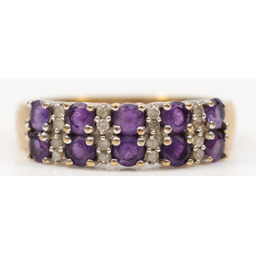 288 - A 9ct gold amethyst and diamond half eternity ring, claw set, O 1/2, 3.4g