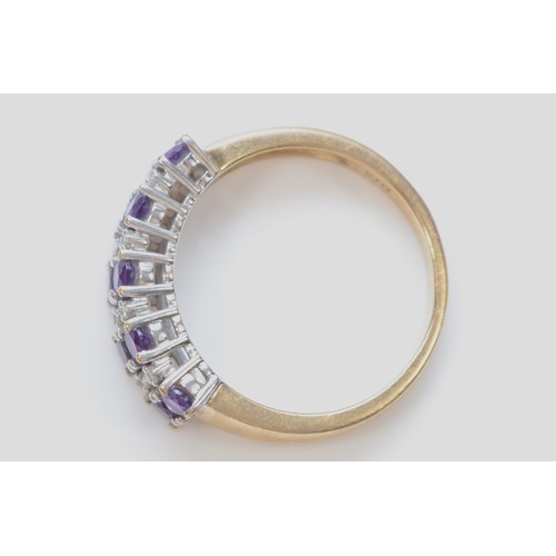 288 - A 9ct gold amethyst and diamond half eternity ring, claw set, O 1/2, 3.4g