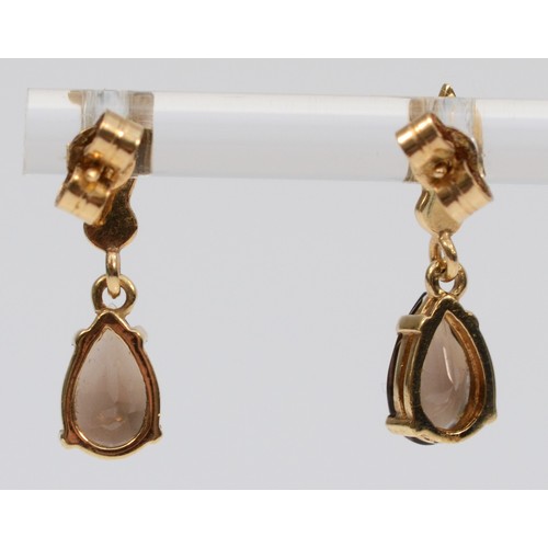 316 - A pair of 9ct gold vintage smokey quartz drop earrings, 20mm drop, 2.2g