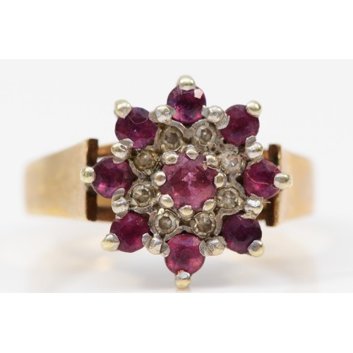 328 - A 9ct gold vintage ruby and diamond dress ring, claw set, Birmingham 1981, M, 3.8g