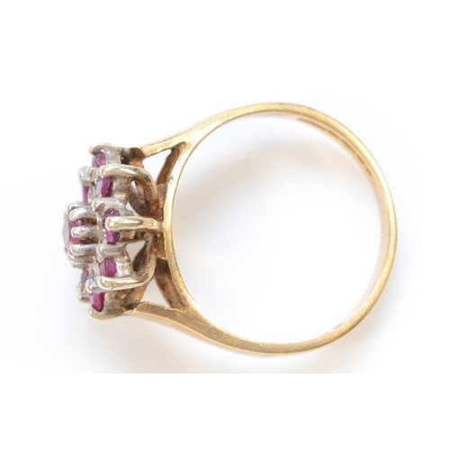 328 - A 9ct gold vintage ruby and diamond dress ring, claw set, Birmingham 1981, M, 3.8g