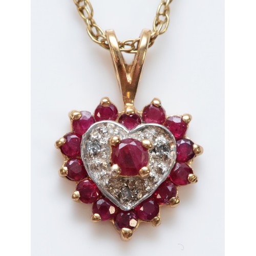 334 - A 9ct gold ruby and diamond heart shaped pendant, with chain, 10mm pendant, 2g