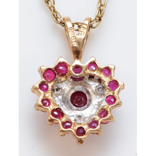 334 - A 9ct gold ruby and diamond heart shaped pendant, with chain, 10mm pendant, 2g