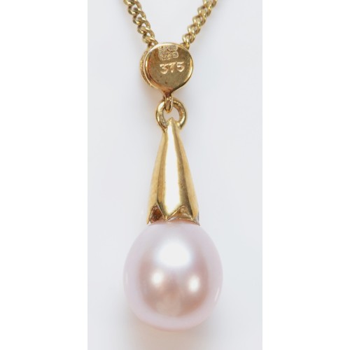 343 - A 9ct gold cultured pearl and diamond pendant, with chain, 18mm pendant length, 6mm pearl, chain 42c... 