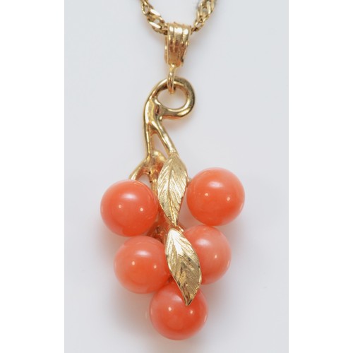 350 - A 14k gold coral foliate pendant, with chain, 23mm pendant length, 3g