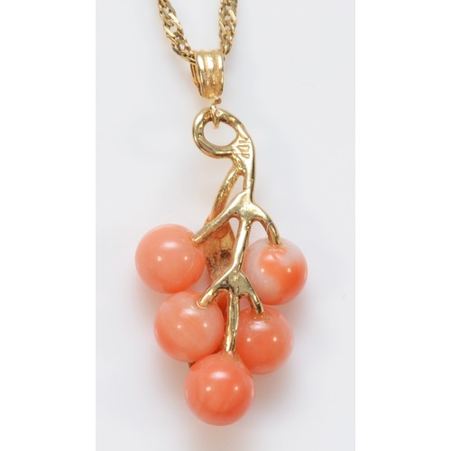 350 - A 14k gold coral foliate pendant, with chain, 23mm pendant length, 3g