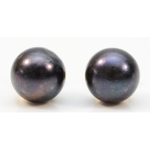 363 - A pair of 14k gold cultured pearl stud earrings with 9ct gold scroll backs, 6mm pearls, 1.4g