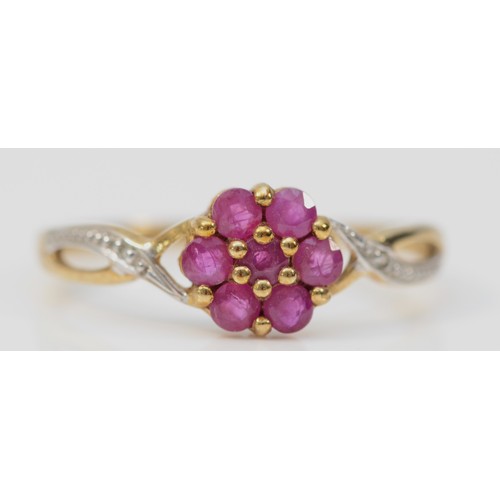 366 - A 9ct gold ruby cluster ring with diamond shoulders, P 1/2, 1.5g