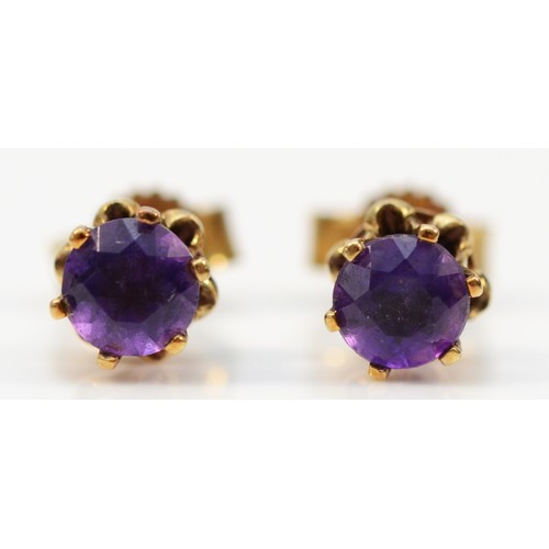 372 - A pair of 9ct gold vintage amethyst stud earrings with scroll backs, 0.9g