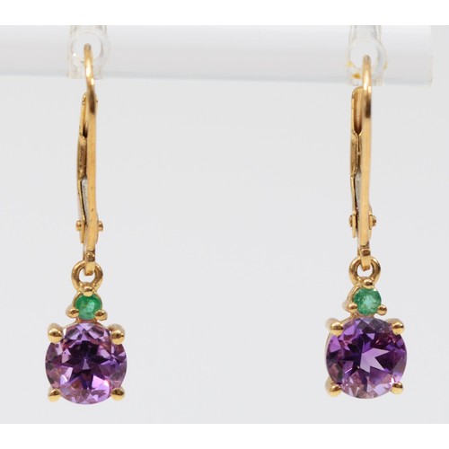 374 - A pair of 9ct gold amethyst and emerald drop earrings, 8mm drop, 1.4g