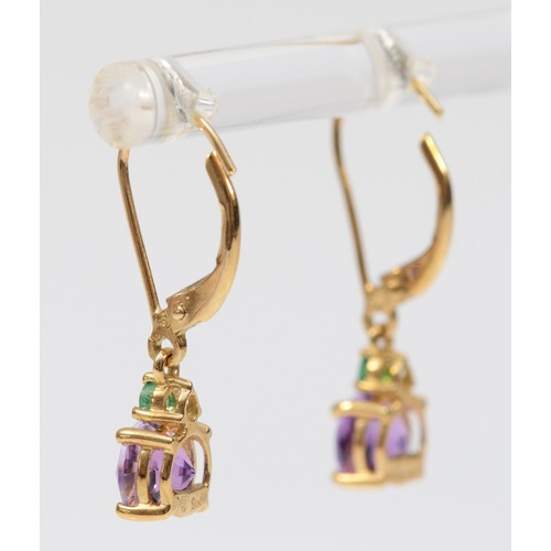 374 - A pair of 9ct gold amethyst and emerald drop earrings, 8mm drop, 1.4g