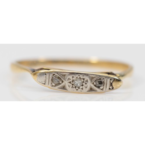 378 - An 18ct gold and platinum diamond ring, circa 1920s, please note damage to gallery, M, 1.3g