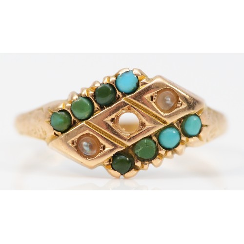 380 - A 15k gold antique turquoise and seed pearl dress ring, Birmingham 1876, one seed pearl missing, P, ... 