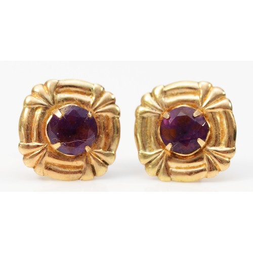 383 - A pair of 9ct gold amethyst stud earrings with scroll backs, 10mm square, 0.7g