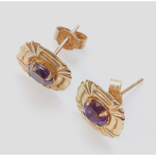 383 - A pair of 9ct gold amethyst stud earrings with scroll backs, 10mm square, 0.7g