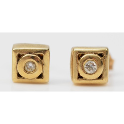 384 - A pair of 9ct gold square shaped stud earrings, with scroll backs, 4mm, 1.4g