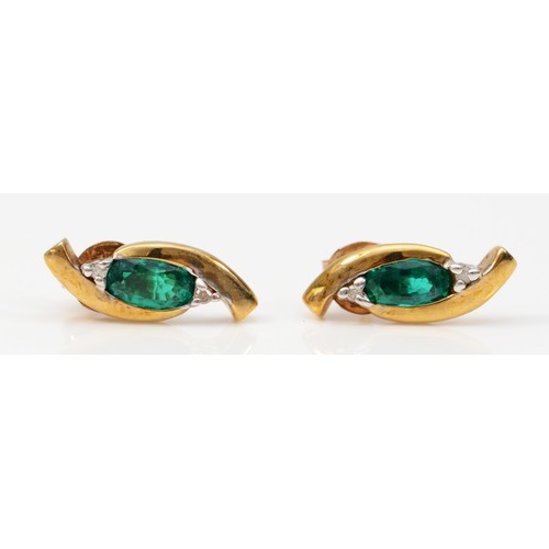 387 - A pair of 9ct gold green gemstone and diamond stud earrings with scroll backs, 12mm, 1.1g