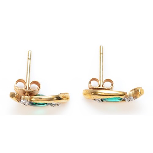 387 - A pair of 9ct gold green gemstone and diamond stud earrings with scroll backs, 12mm, 1.1g