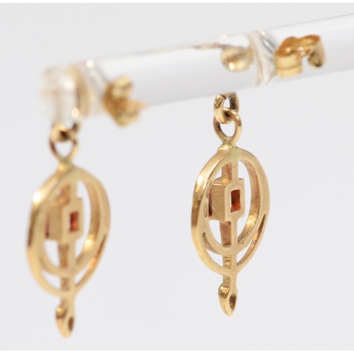 389 - A pair of 9ct gold vintage style garnet drop earrings with scroll backs, 15mm drop, 2.1g