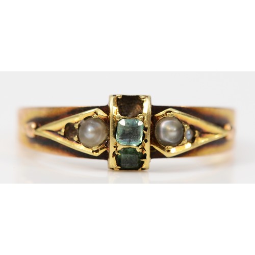 394 - A 9ct gold emerald and seed pearl dress ring, one emerald missing, O, 2.1g