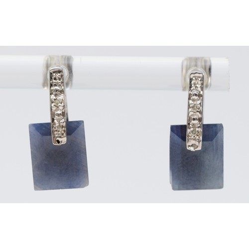 395 - A pair of 9ct white gold kyanite an diamond drop earrings with scroll backs, 18mm total drop, 2.8g