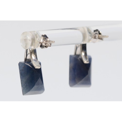 395 - A pair of 9ct white gold kyanite an diamond drop earrings with scroll backs, 18mm total drop, 2.8g