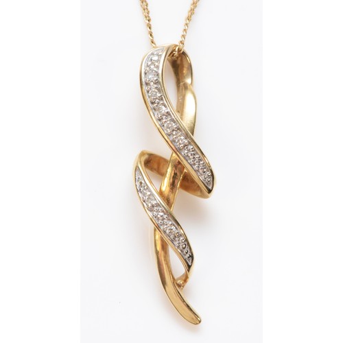 396 - A 9ct gold diamond twist pendant with chain, 25mm pendant, 1.8g