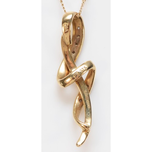 396 - A 9ct gold diamond twist pendant with chain, 25mm pendant, 1.8g