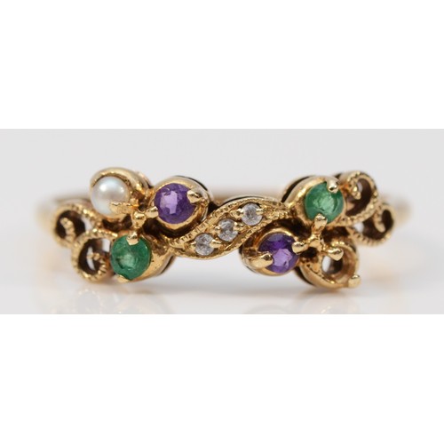 399 - A 9ct gold diamond, amethyst, cultured pearl and green gemstone modern suffragette ring, one setting... 