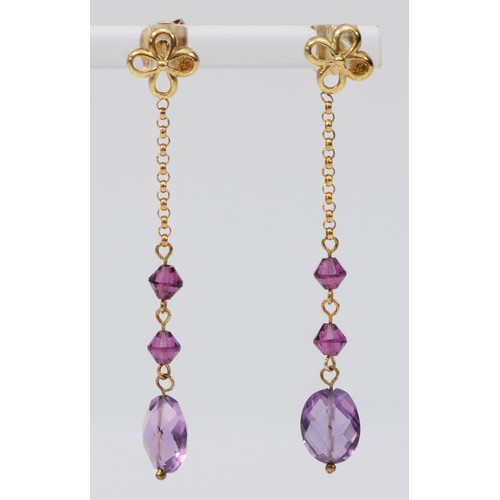 401 - A pair of 9ct gold faceted amethyst and paste drop earrings with scroll backs, 50mm total length, 2.... 