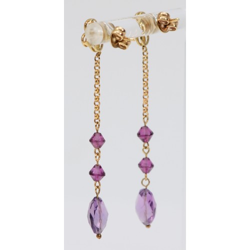 401 - A pair of 9ct gold faceted amethyst and paste drop earrings with scroll backs, 50mm total length, 2.... 