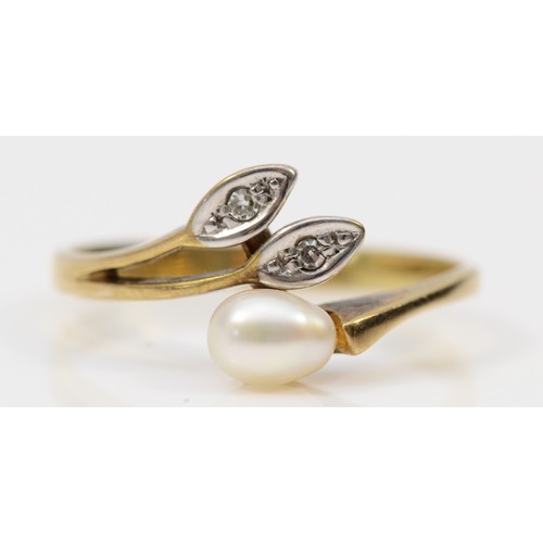 575 - A 9ct gold cultured pearl and diamond foliage dress ring, Q, 1.9g