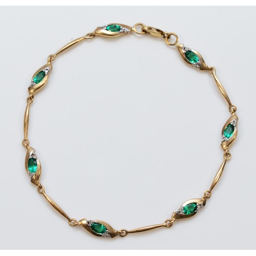 578 - A 9ct gold emerald and diamond bracelet, 18cm, 4g