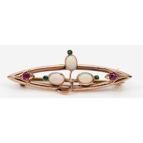 588 - An Edwardian 9ct rose gold opal, red and green gemstone brooch, Chester, 38mm across, 1.8g