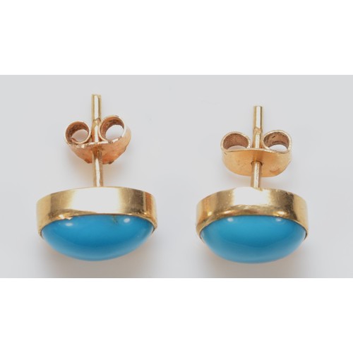 598 - A pair of 14k gold bezel set turquoise stud earrings with scroll backs, 10mm, 3g