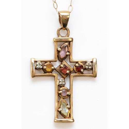 599 - A 9ct gold multi gemstone cross pendant, diamond, amethyst and topaz, 23mm length, 2.6g