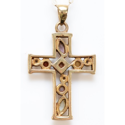 599 - A 9ct gold multi gemstone cross pendant, diamond, amethyst and topaz, 23mm length, 2.6g