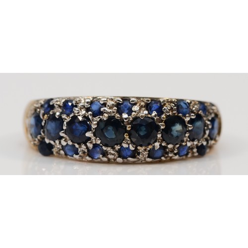 601 - A 9ct gold vintage sapphire multi row dress ring, R, 2.9g