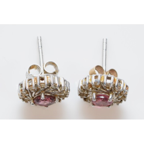 608 - A pair of 9ct white gold pink tourmaline and diamond cluster earrings, 9mm, 2g