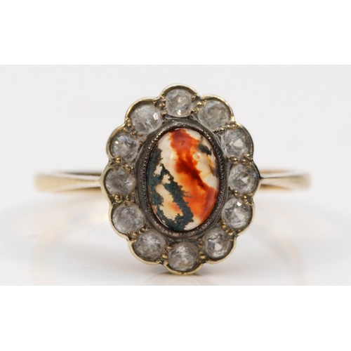 609 - A 9ct gold vintage moss agate and white zircon dress ring, M, 2.1g