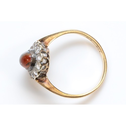 609 - A 9ct gold vintage moss agate and white zircon dress ring, M, 2.1g