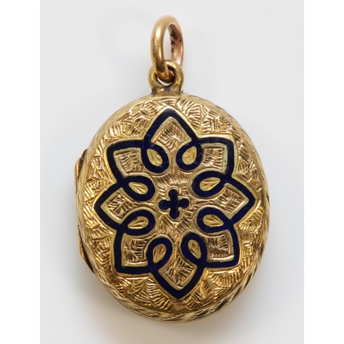 614 - A Victorian gold hair locket pendant with enamel detail, 20mm length, 4.2g