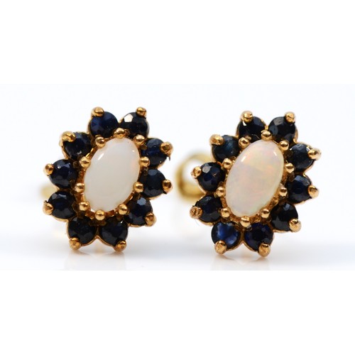 616 - A pair of 0.375 gold opal and sapphire cluster earrings with scroll backs, 8mm, 1.3g