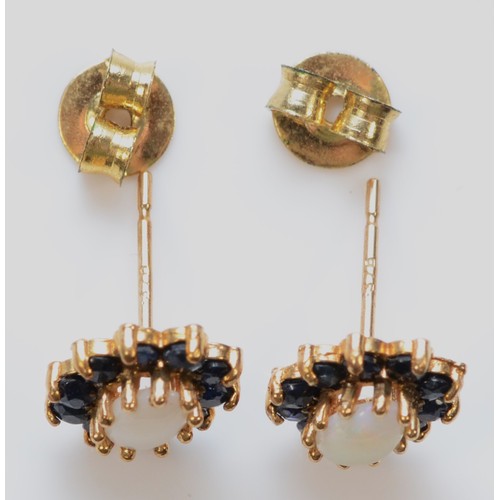 616 - A pair of 0.375 gold opal and sapphire cluster earrings with scroll backs, 8mm, 1.3g