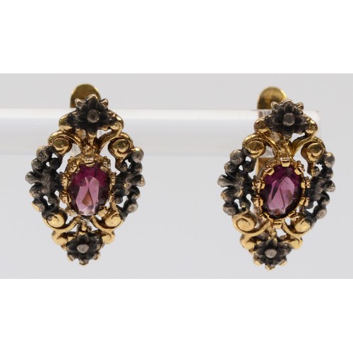 617 - A pair of gold cased garnet earrings, 18mm length, some gold is flaking, 3.5g